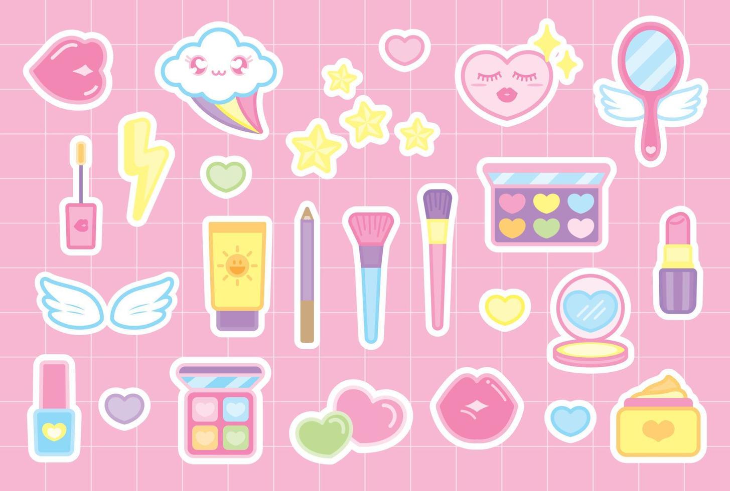 lindos cosméticos femeninos y cosas kawaii elemento gráfico pegatina ilustración vector sobre fondo de patrón de cuadrícula rosa pastel dulce