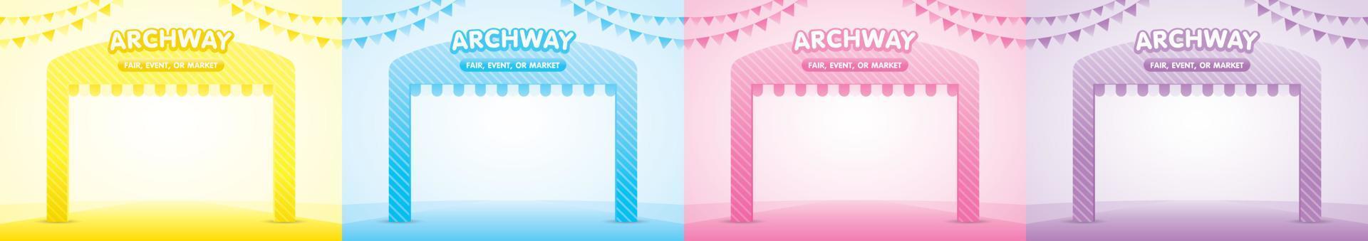 cute pastel girly archway entrance 3d illustration vector collection with triangle rail flag graphic element for fair or event or market advertising artwork