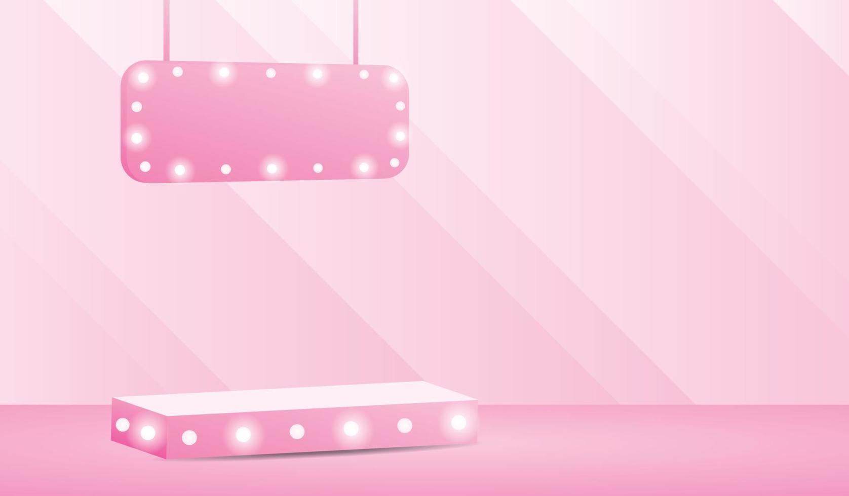pantalla de podio de bombilla rosa con cartel colgante vector de ilustración 3d para poner su objeto
