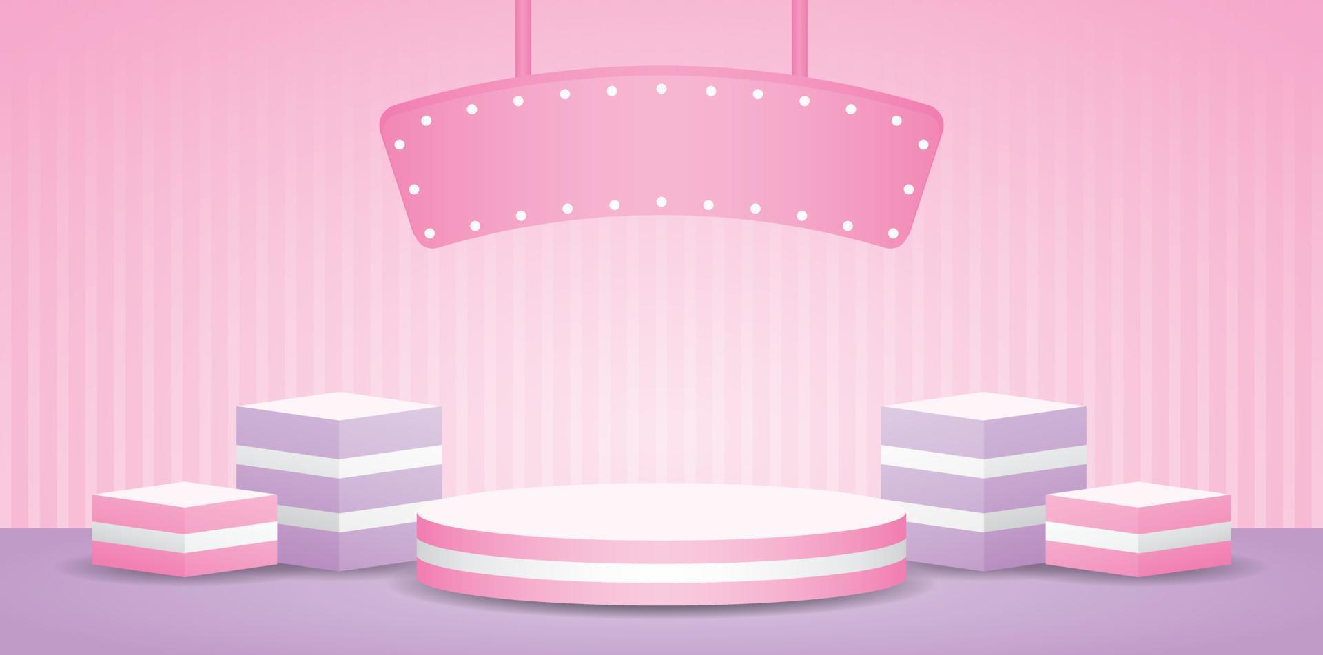 cute trendy striped podium display set with lightbulb hanging sign on sweet pastel pink wall and purple floor 3d illustration vector for putting beauty and cosmetic product