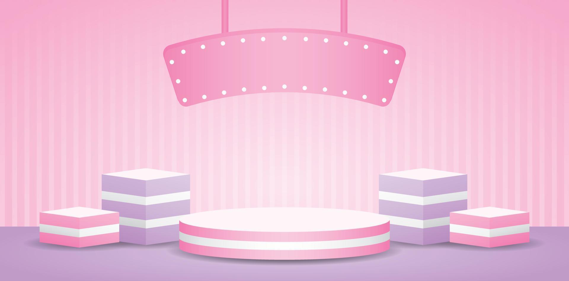 cute trendy striped podium display set with lightbulb hanging sign on sweet pastel pink wall and purple floor 3d illustration vector for putting beauty and cosmetic product