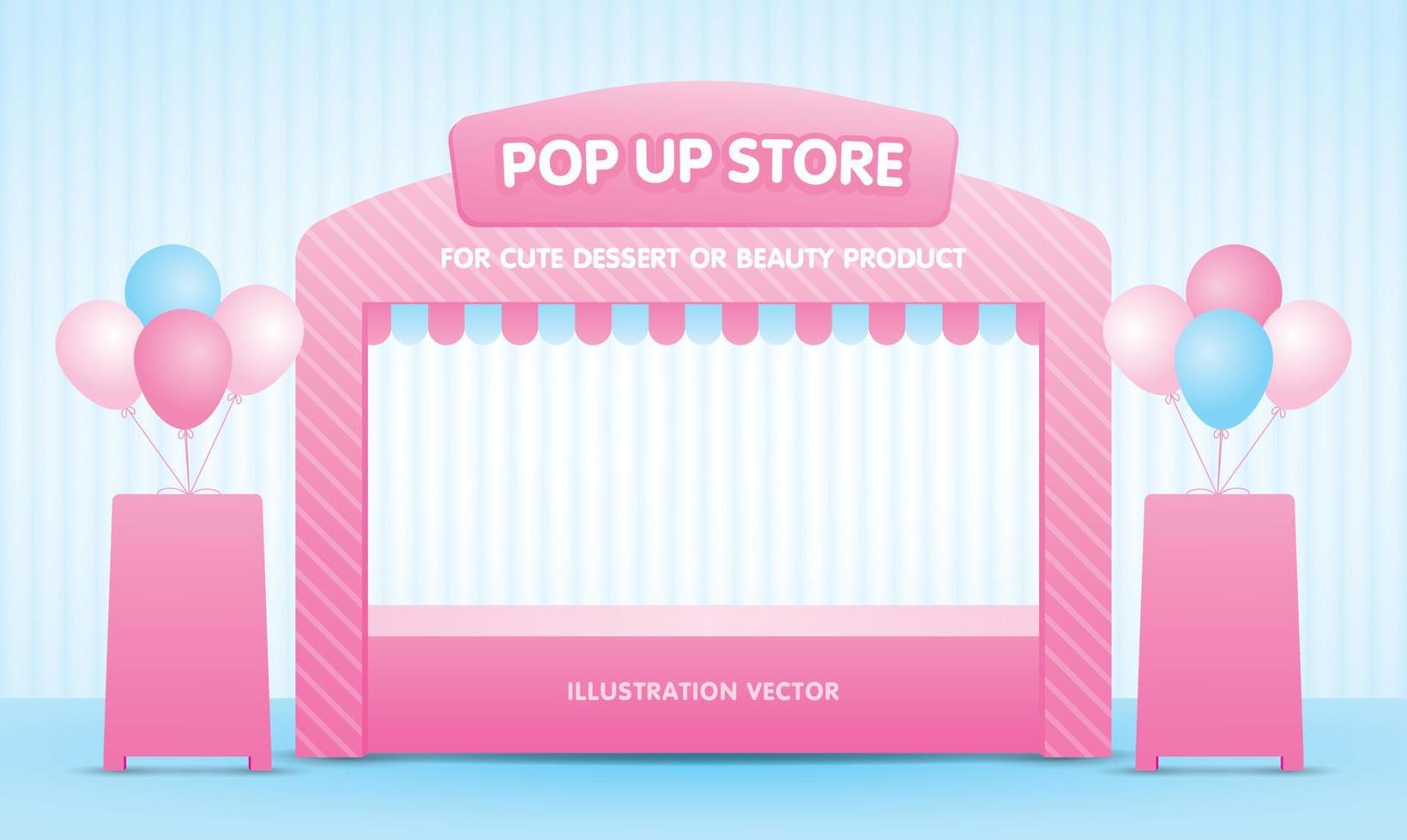 cute girly sweet pink pastel pop up store 3d illustration vector with signboard and balloons graphic element