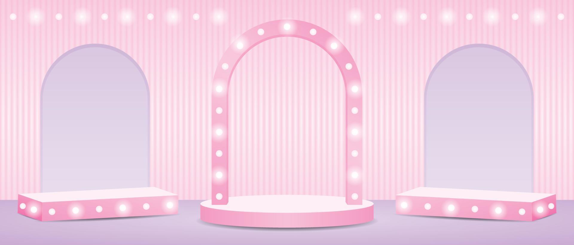 escenario de telón de fondo de arco de bombilla femenina y caja de visualización sobre fondo pastel dulce vector de ilustración 3d para poner su objeto