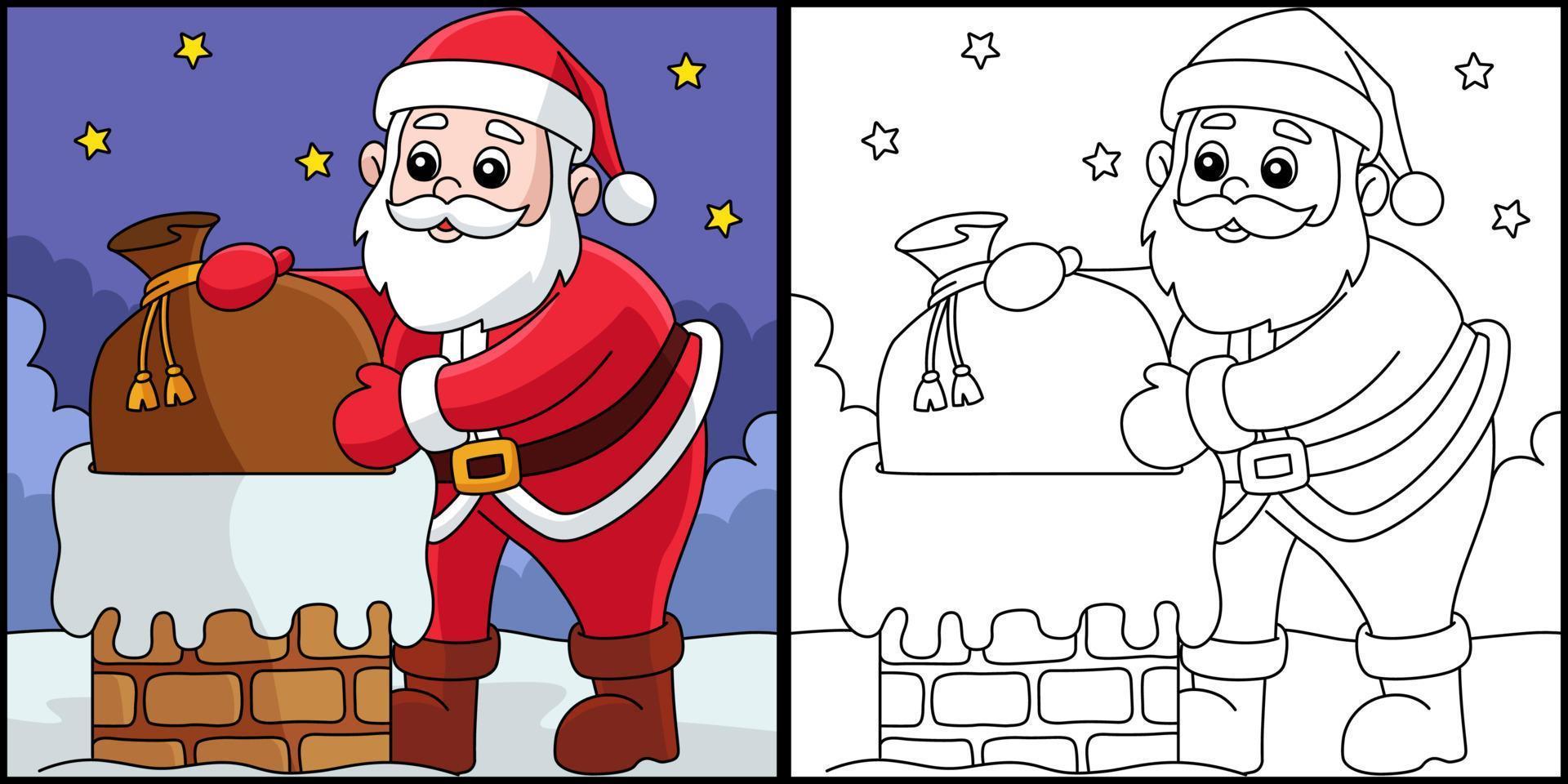 Christmas Santa On Chimney Coloring Page vector