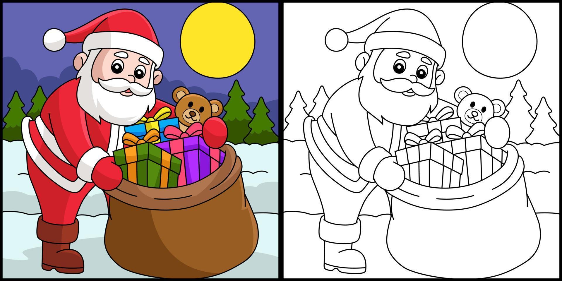 navidad santa claus con bolsa para colorear página vector