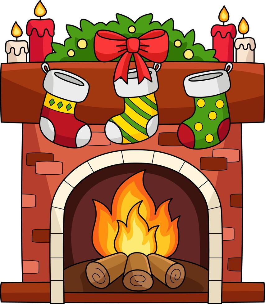 Christmas Fireplace with Stocking Cartoon Clipart vector