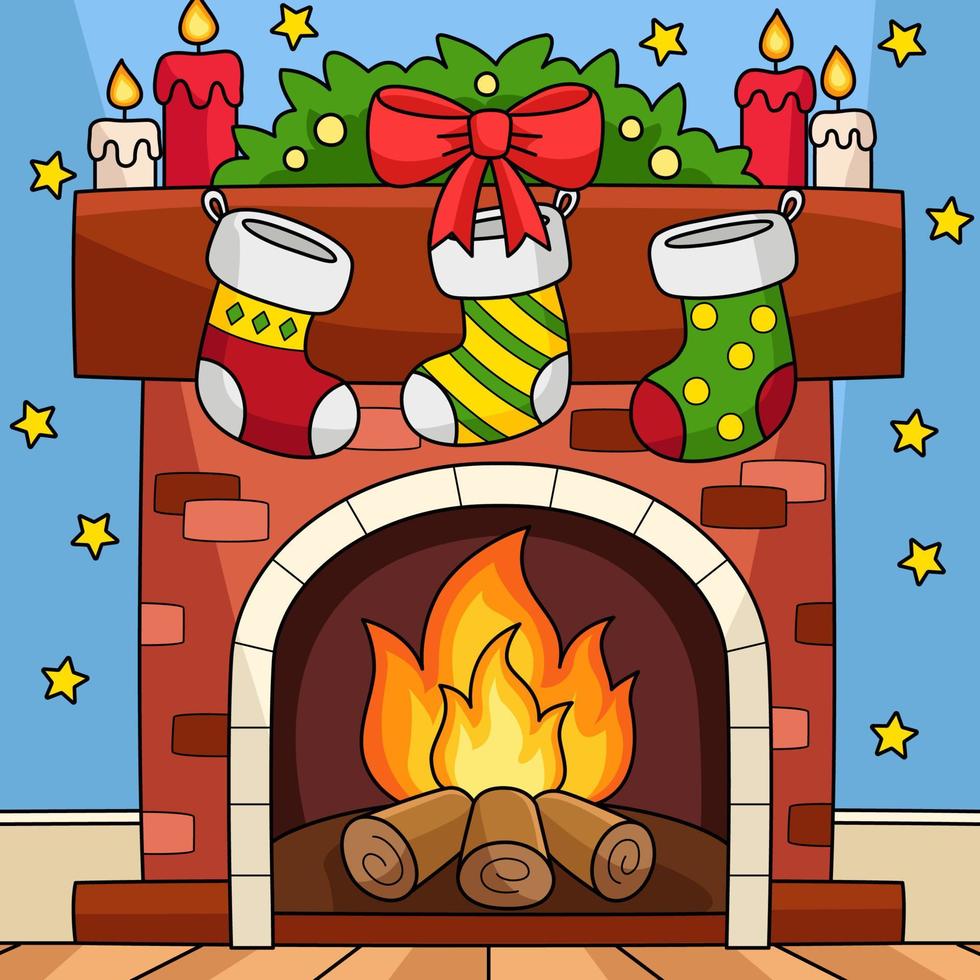 Christmas Fireplace with Stocking Colored Cartoon vector