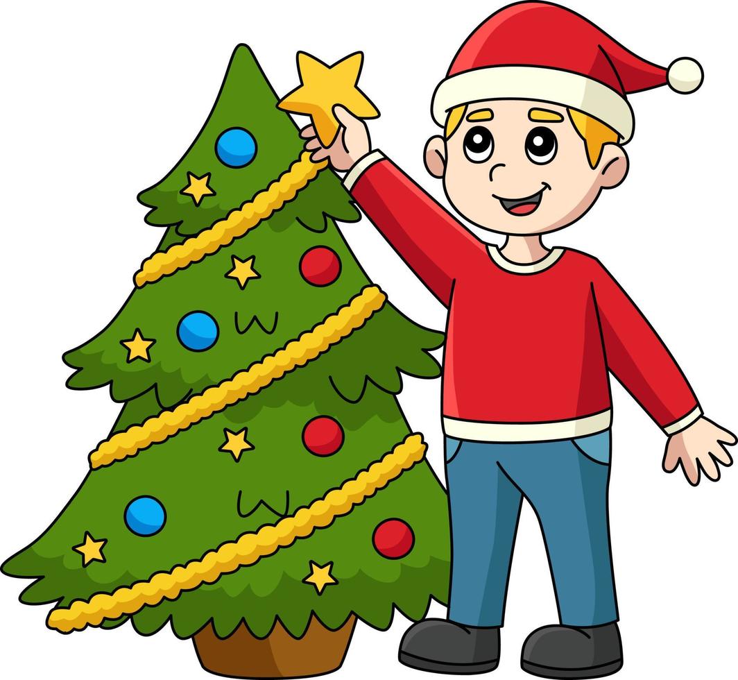 Christmas Boy And Christmas Tree Cartoon Clipart vector