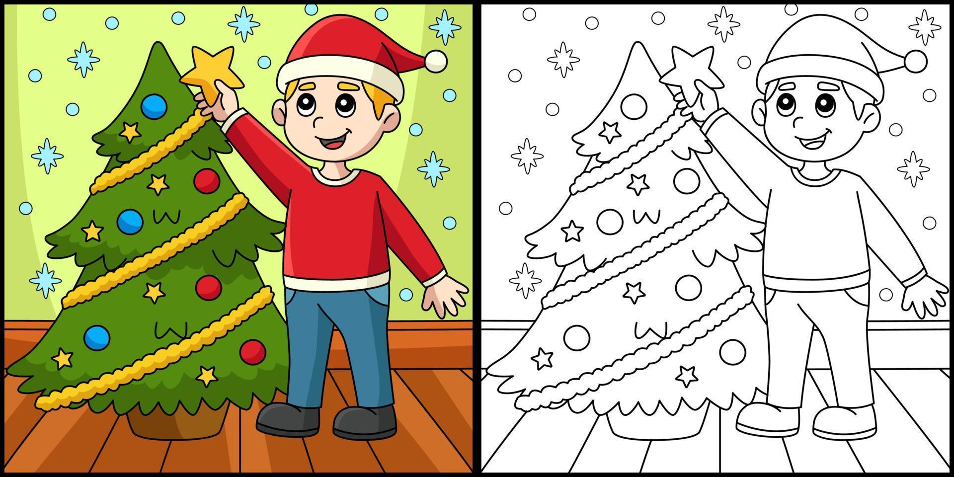 Christmas Boy And Christmas Tree Coloring Page vector