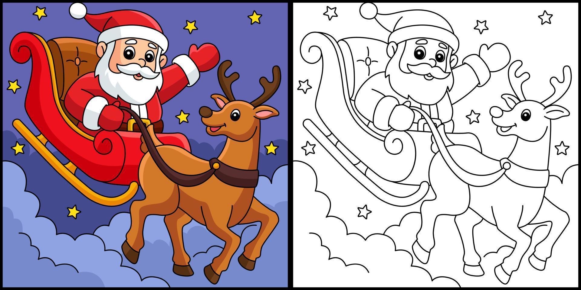 navidad santa trineo y renos para colorear página vector