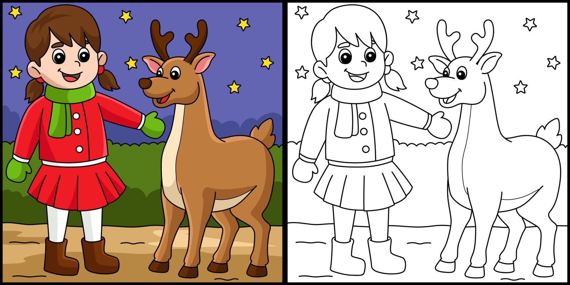 niña de navidad y reno para colorear página vector