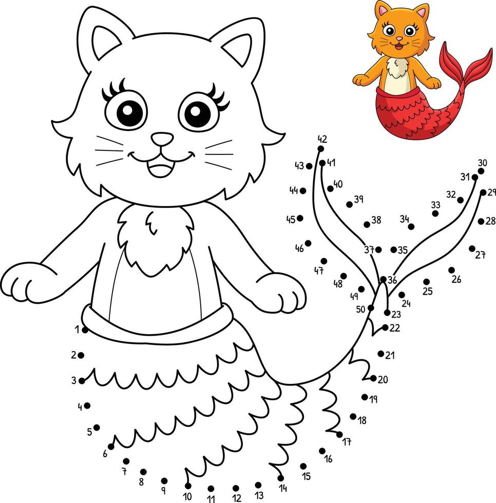 punto a punto gato sirena página para colorear para niños vector