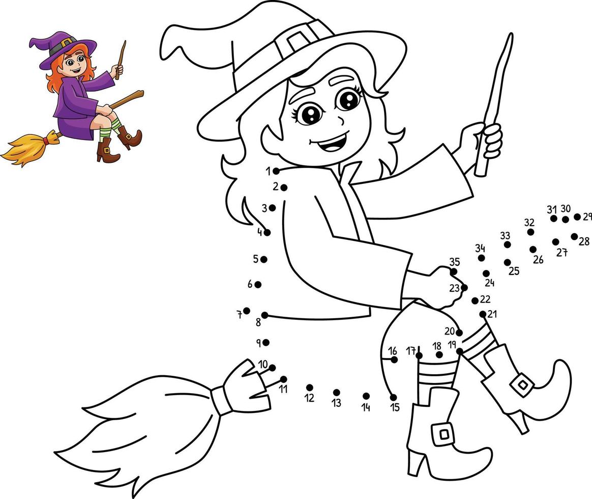 Dot to Dot Witch Girl On Broomstick Coloring Page vector