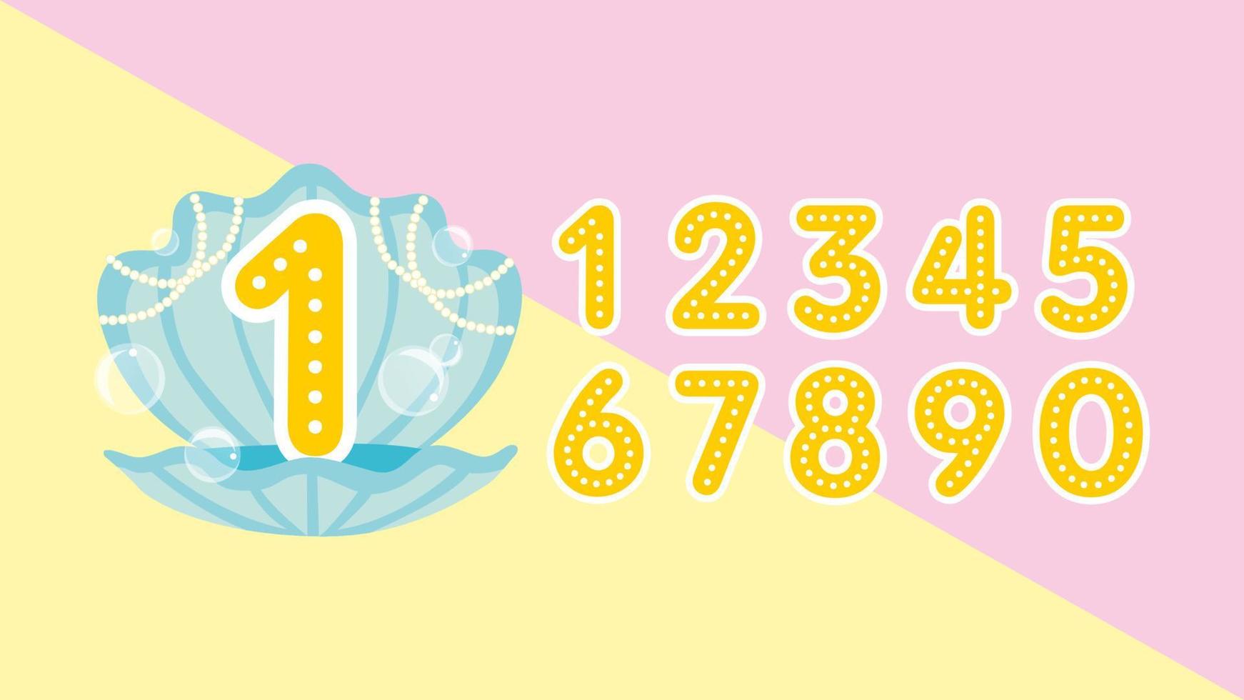 numbers in cute sea shell with pearl and water bubbles vector