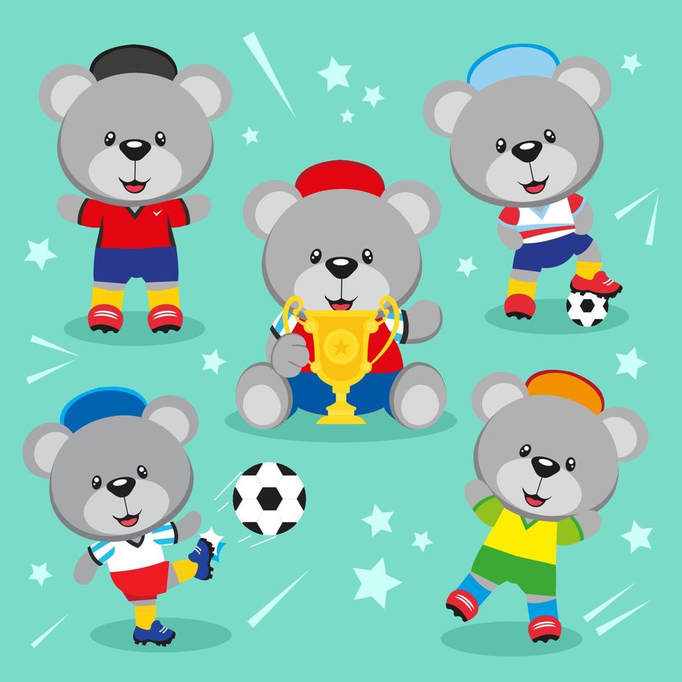 conjunto de ilustración de jugador de fútbol lindo oso de peluche vector