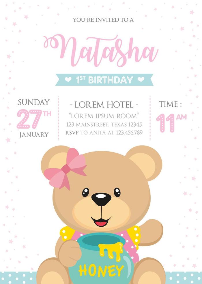 invitación de primer cumpleaños con lindo oso vector