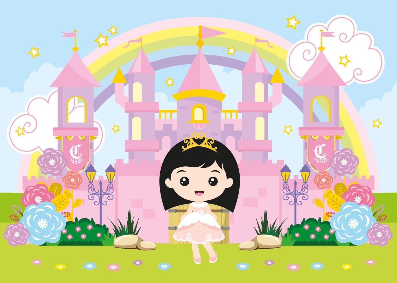 Pink castle with cute little princess vector