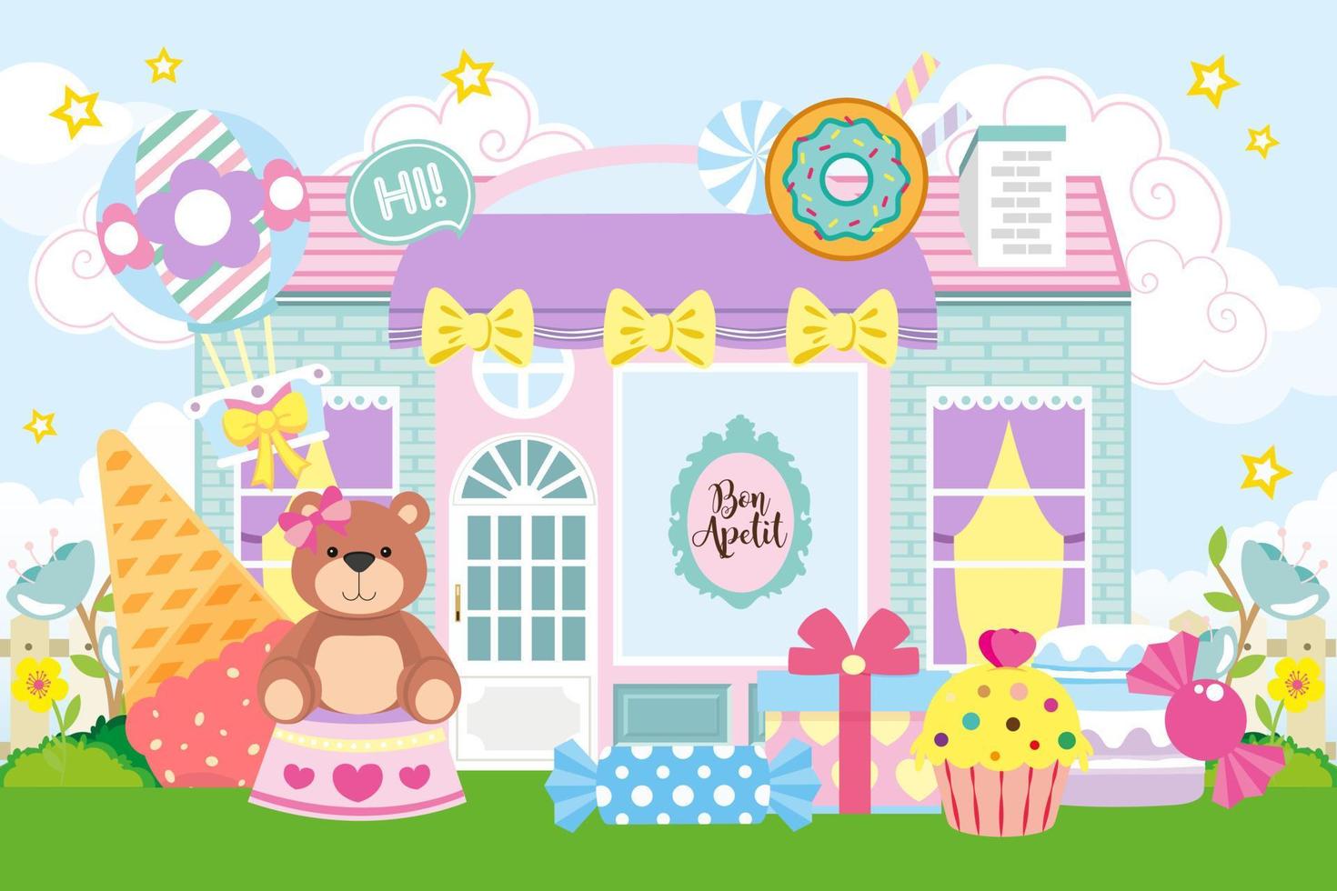 Cake shop illustration with cute bear and cakes vector