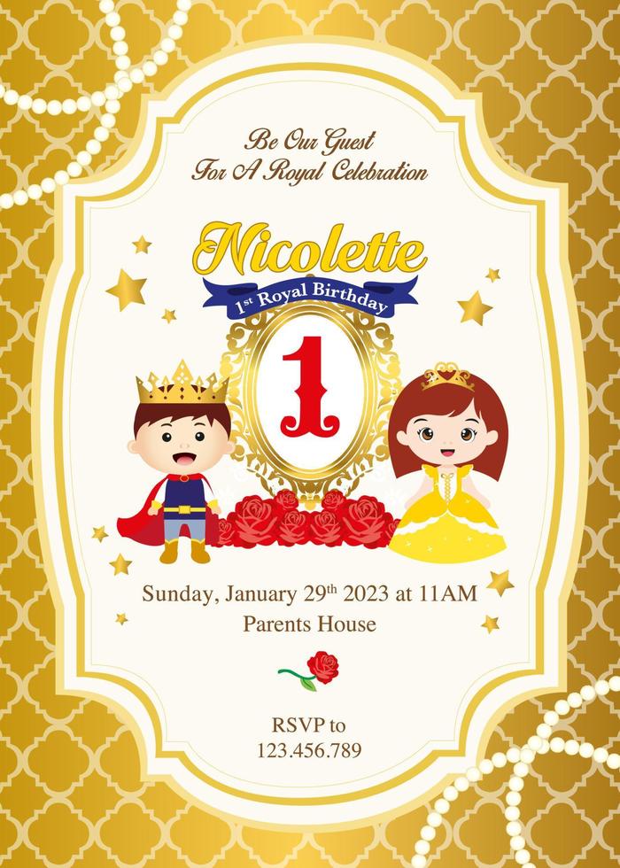 First Royal Birthday Invitation with cute prince and princess vector