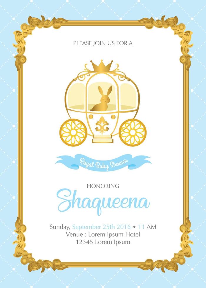 Royal Baby Shower Invitation with cute bunny ride on carriage vector