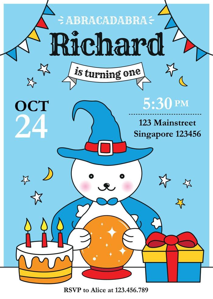 Bear Magician birthday boy invitation with cute bear in magician hat, birthday cake and gift box vector