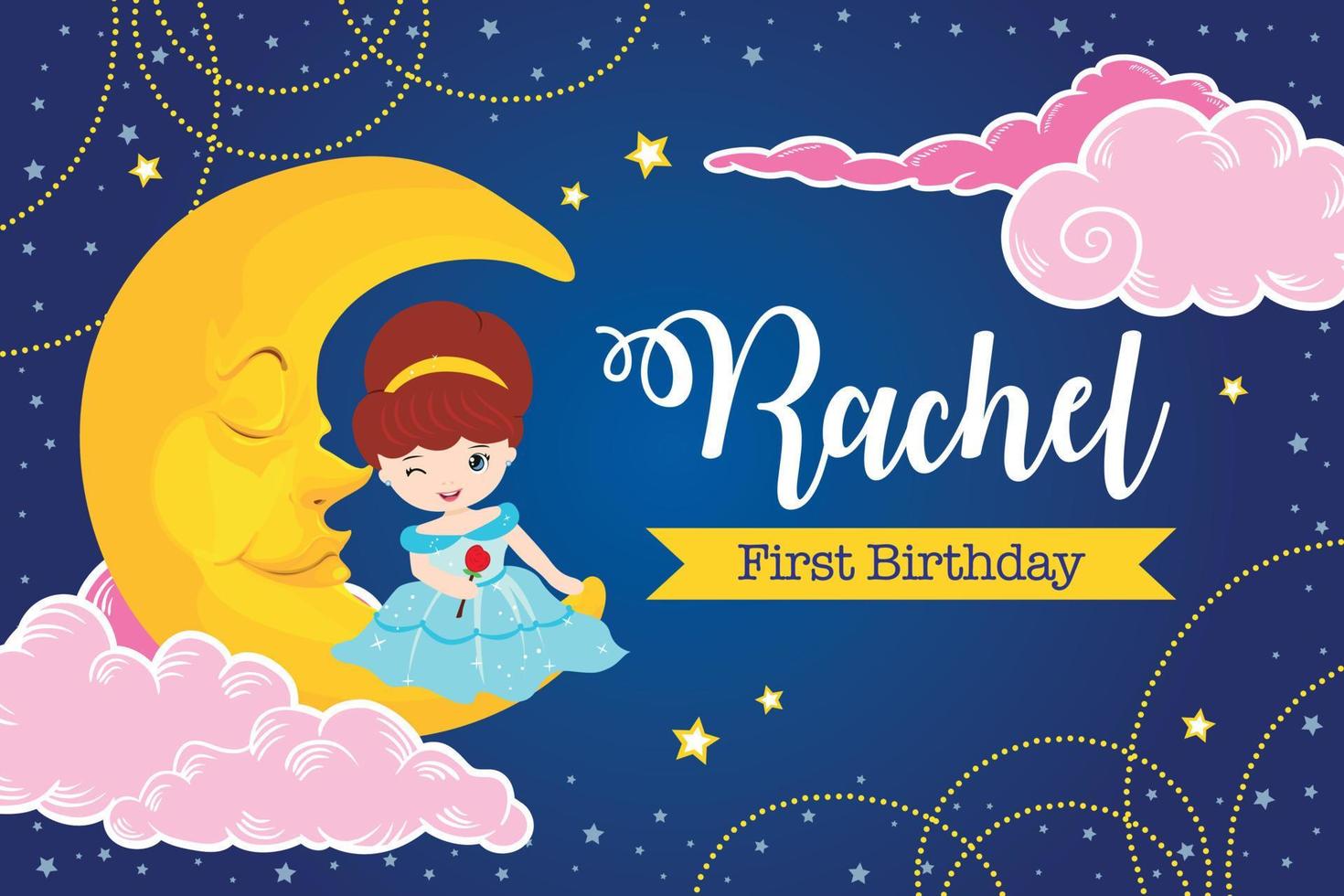 Twinkle twinkle little star with cute princess on the moon for birthday or baby shower party backdrop template vector