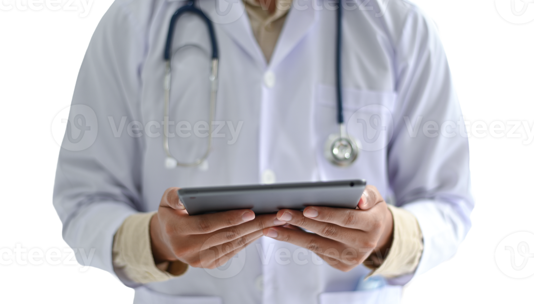 Medical personnel working with tablets, transparent background. png