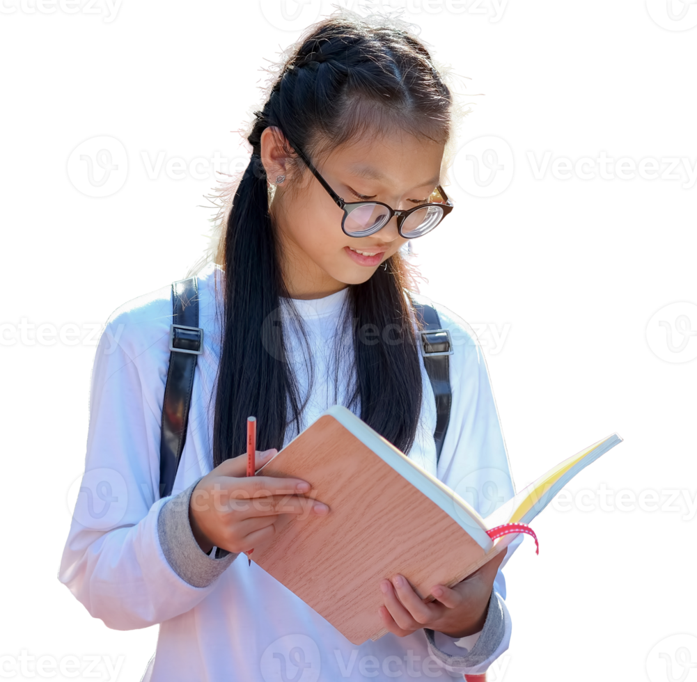 Asian schoolgirl with book, transparent background. png