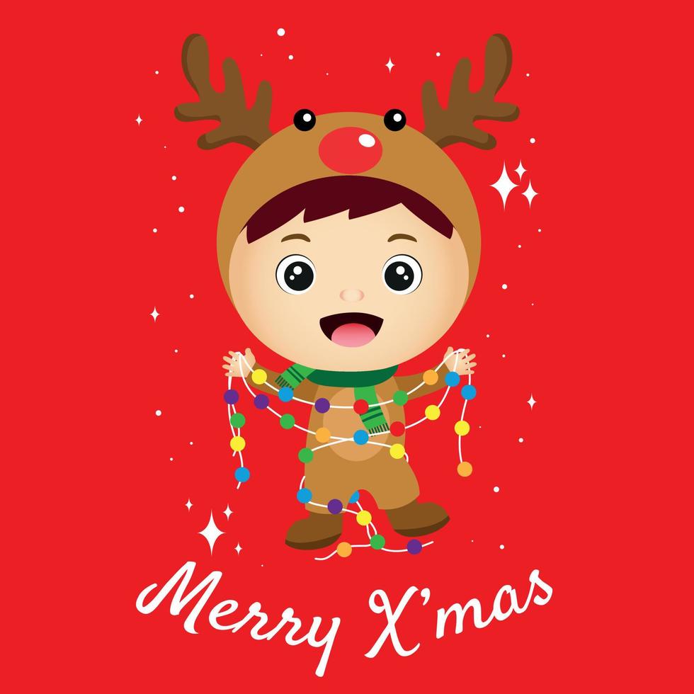 feliz tarjeta de felicitación navideña con un chico lindo vestido de ciervo vector