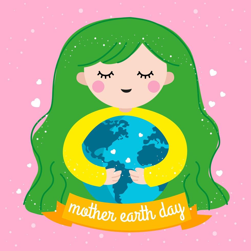Happy mother earth day greeting card illustration with cute mother earth and globe in her hands vector