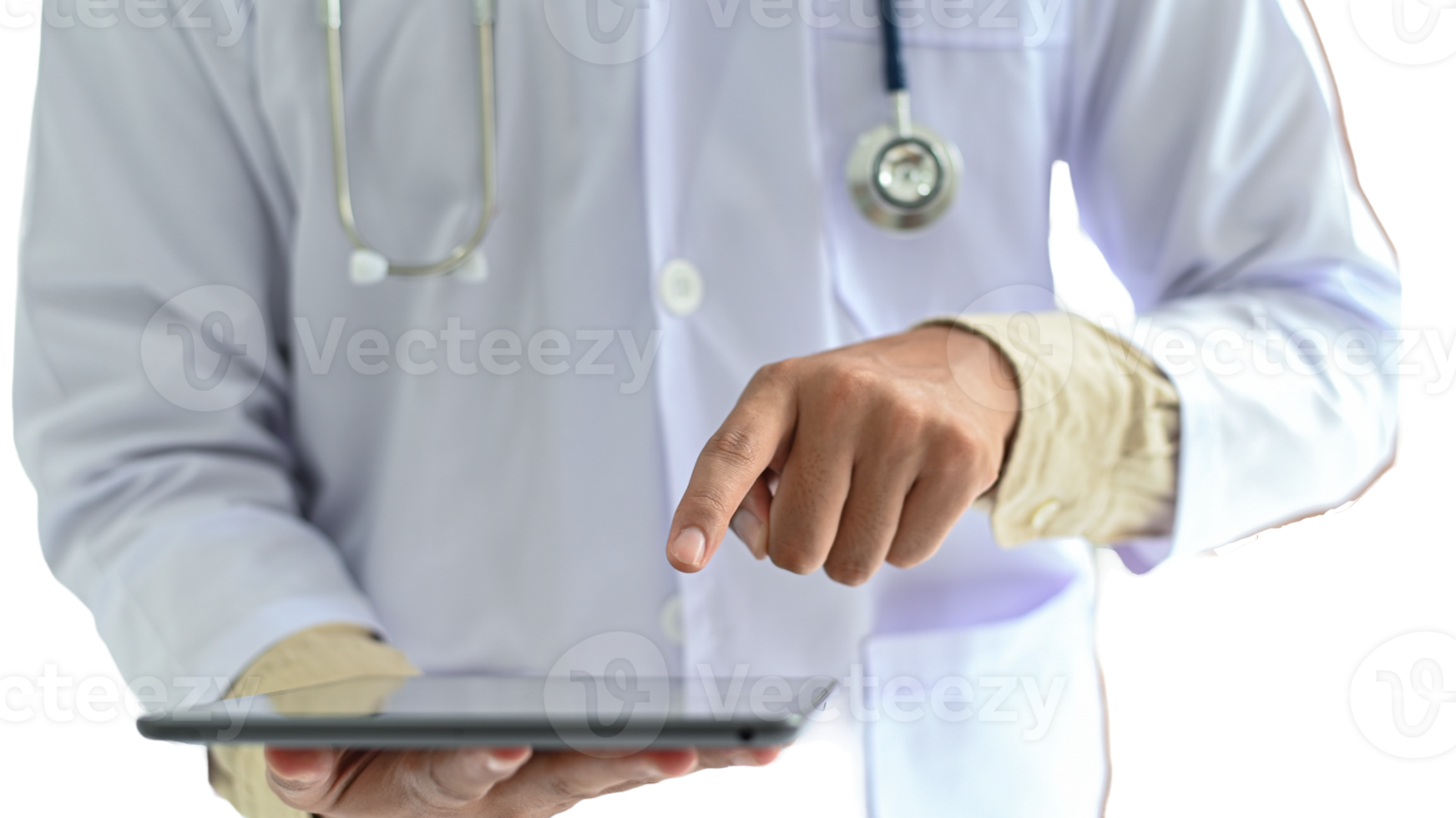 Medical personnel working with tablets, transparent background. png