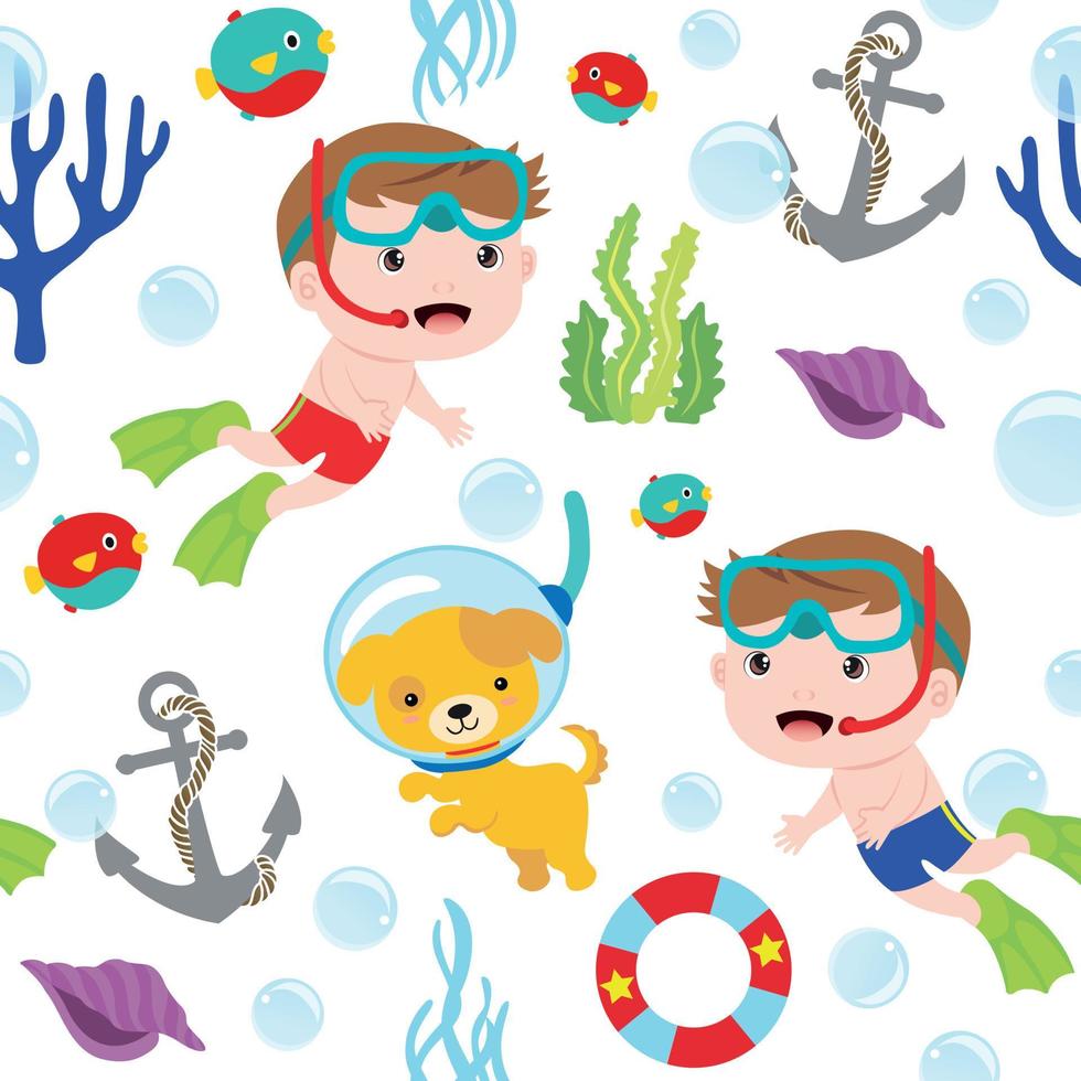 cute dog and divers on a white background seamless pattern vector