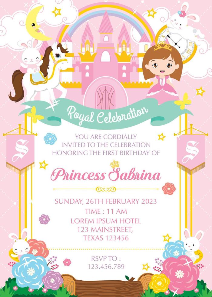 Birthday invitation with cute pink princess vector