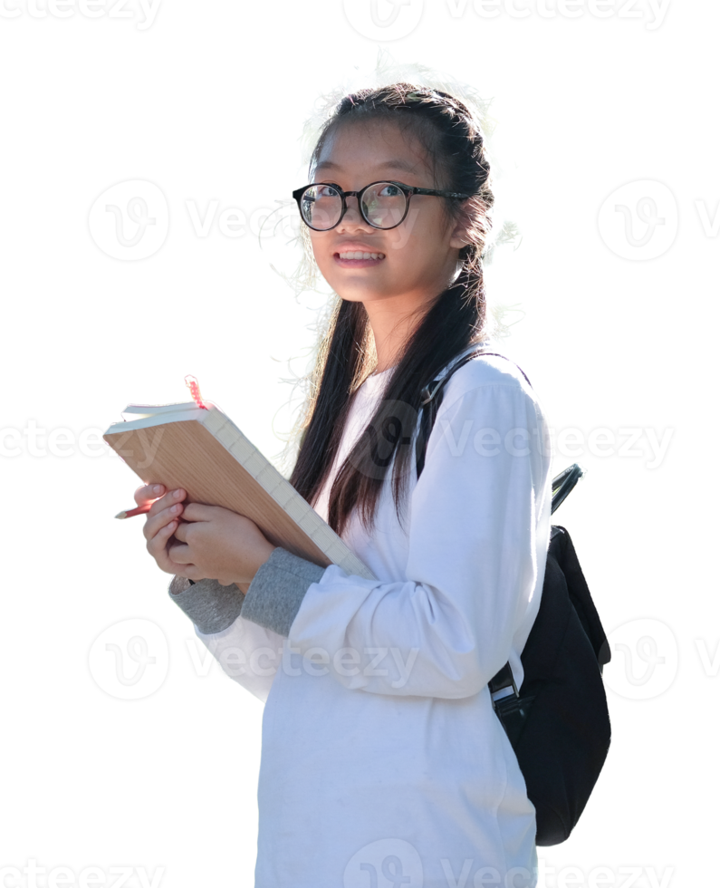 Asian schoolgirl with book, transparent background. png