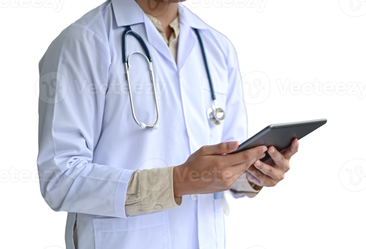 Medical personnel working with tablets, transparent background. png