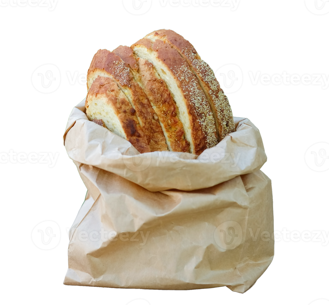 Sliced bread in a paper bag, transparent background. png