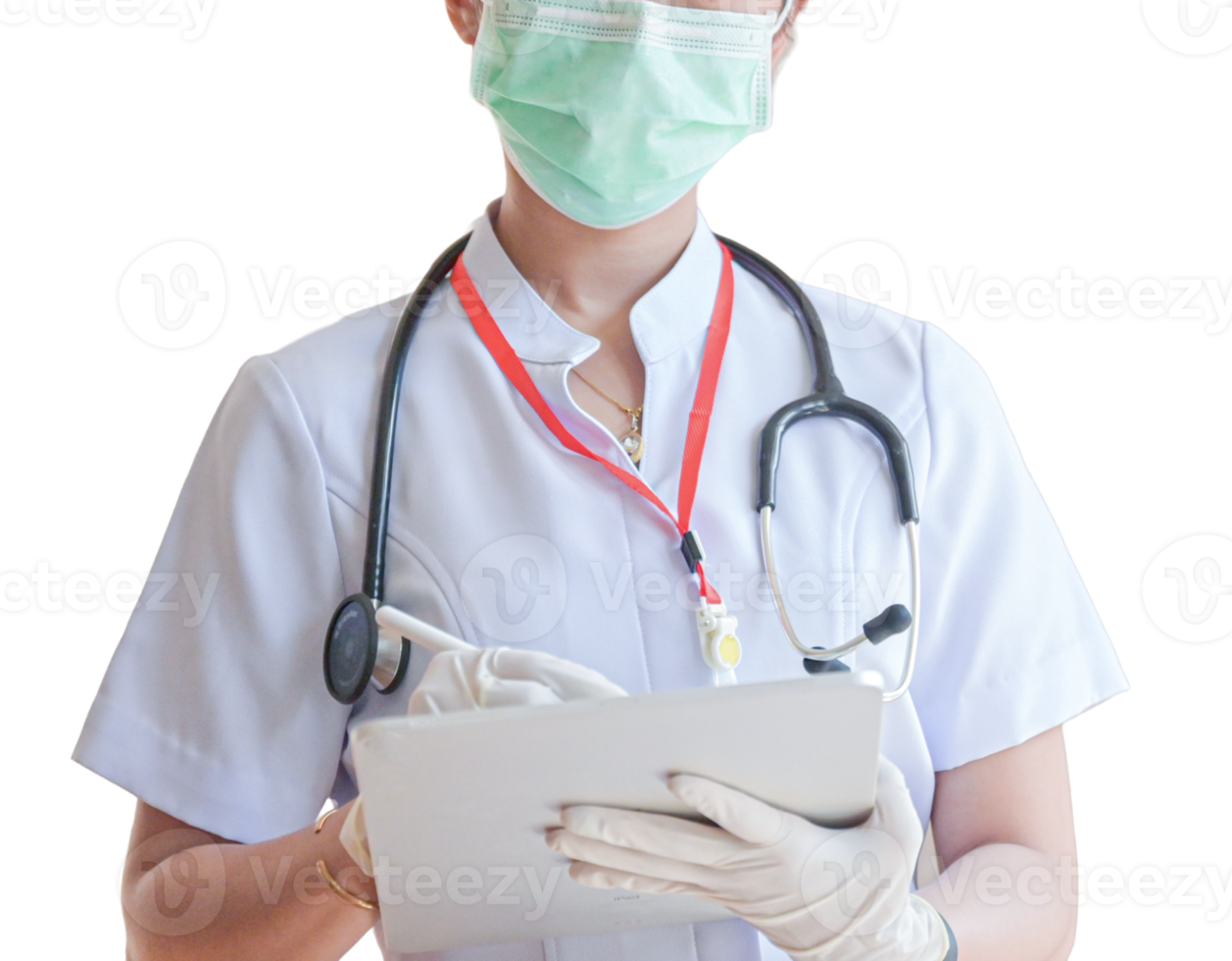 Medical personnel working with tablets, transparent background. png