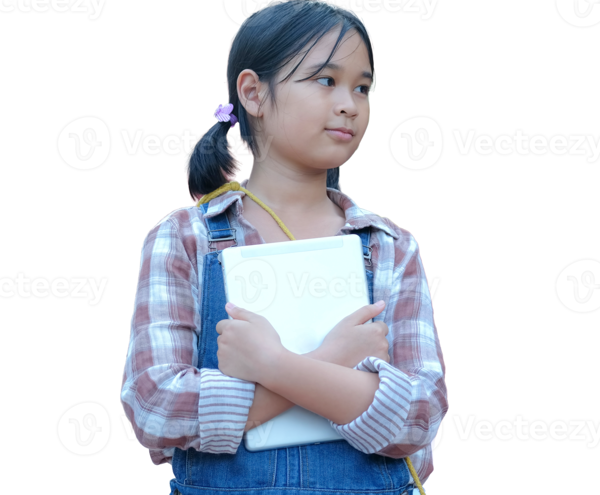 Asian schoolgirl with book, transparent background. png