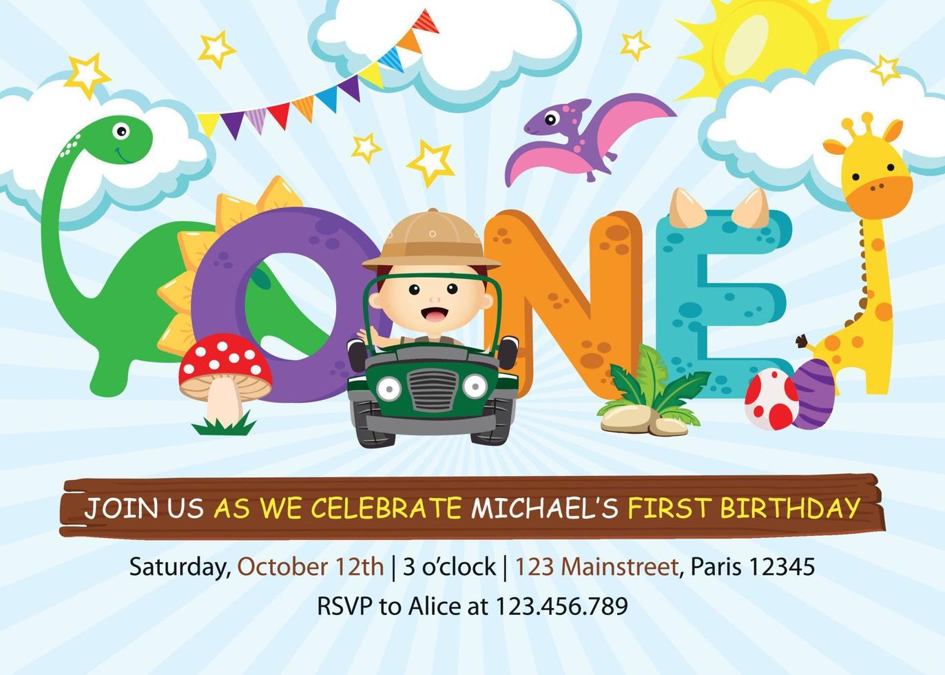 First Birthday Invitation with cute boy and friends in the jungle vector