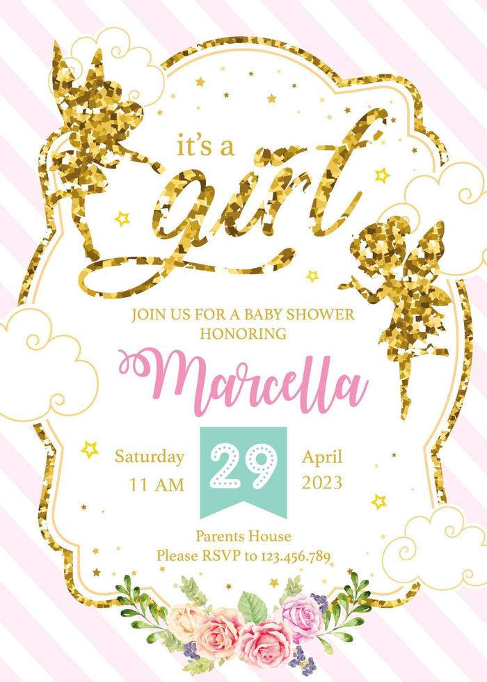 baby shower invitation card with glitter fairy vector