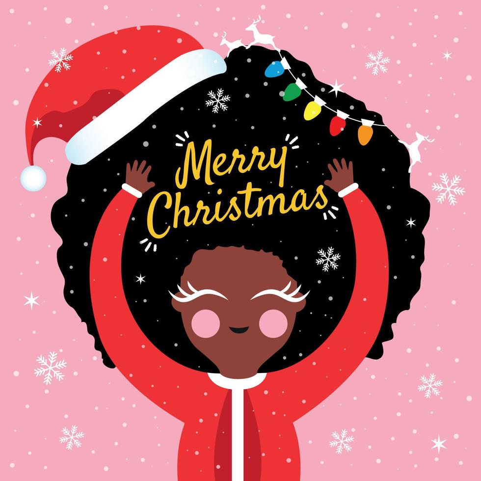 tarjeta de felicitación de ilustración vectorial de vacaciones de navidad con linda chica negra con sombrero de santa claus vector