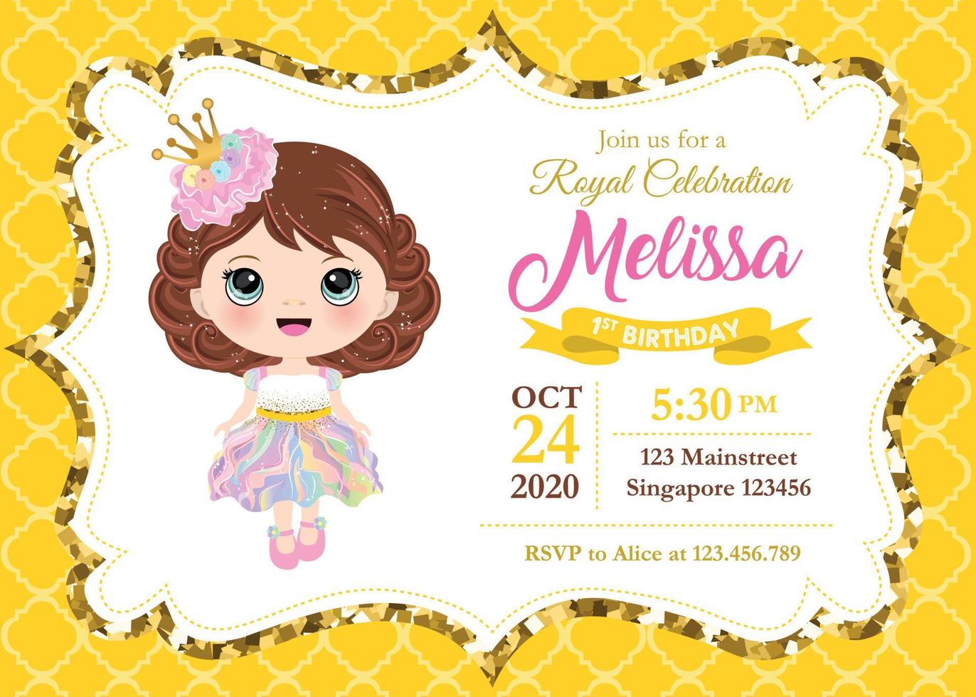 First Royal Birthday Party Invitation Girl. vector