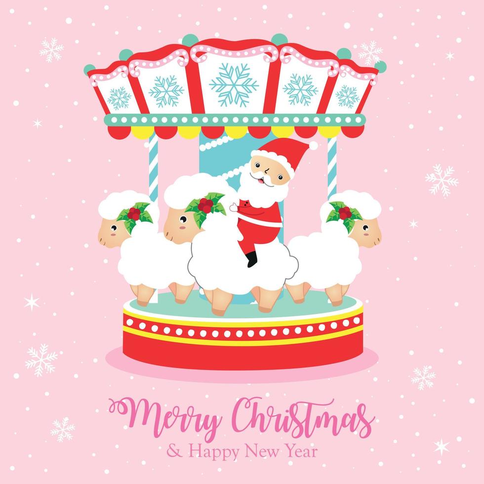greetings card with cute santa claus riding on the sheep vector