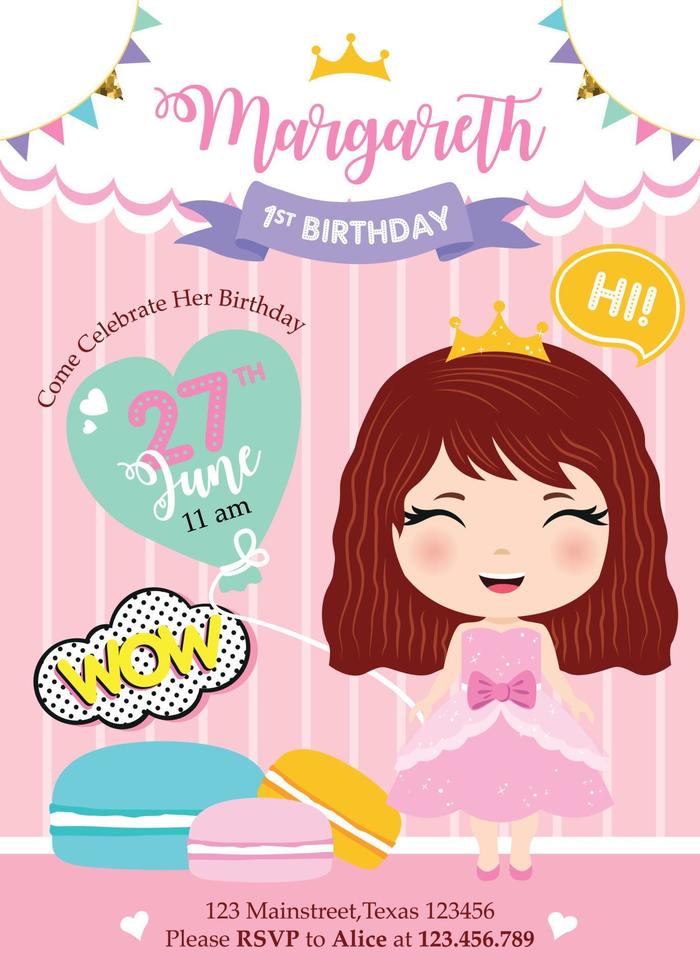 Birthday invitation with little princess vector