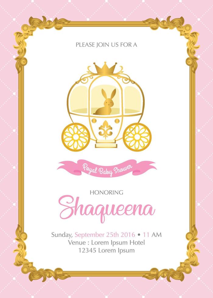 Royal Baby Shower Invitation with cute bunny ride on carriage vector