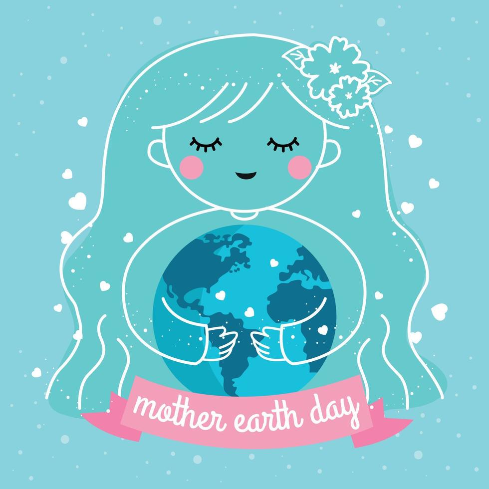 Happy mother earth day greeting card illustration with cute mother earth and globe in her hands vector