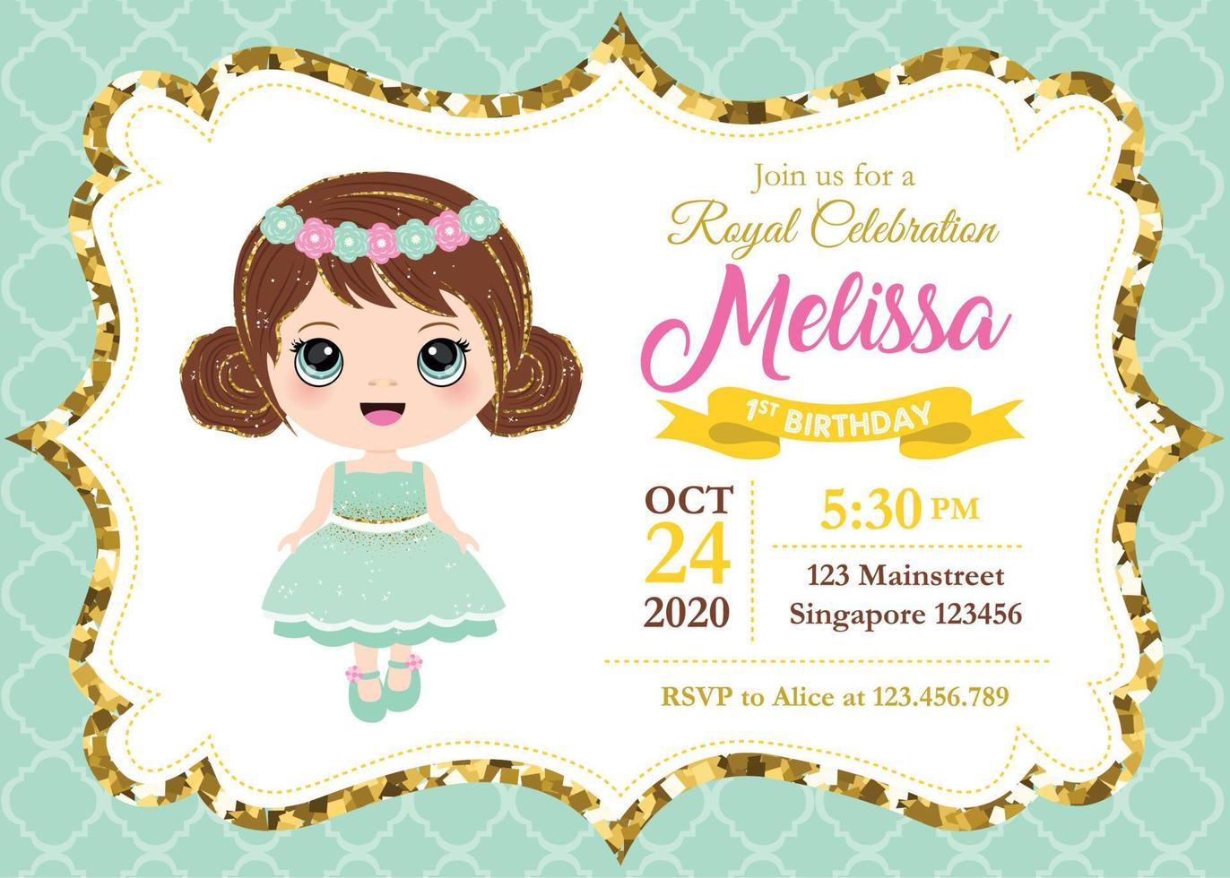 invitación de la primera fiesta de cumpleaños real chica. plantilla con marco y textura de fondo. marco de brillo dorado. vector