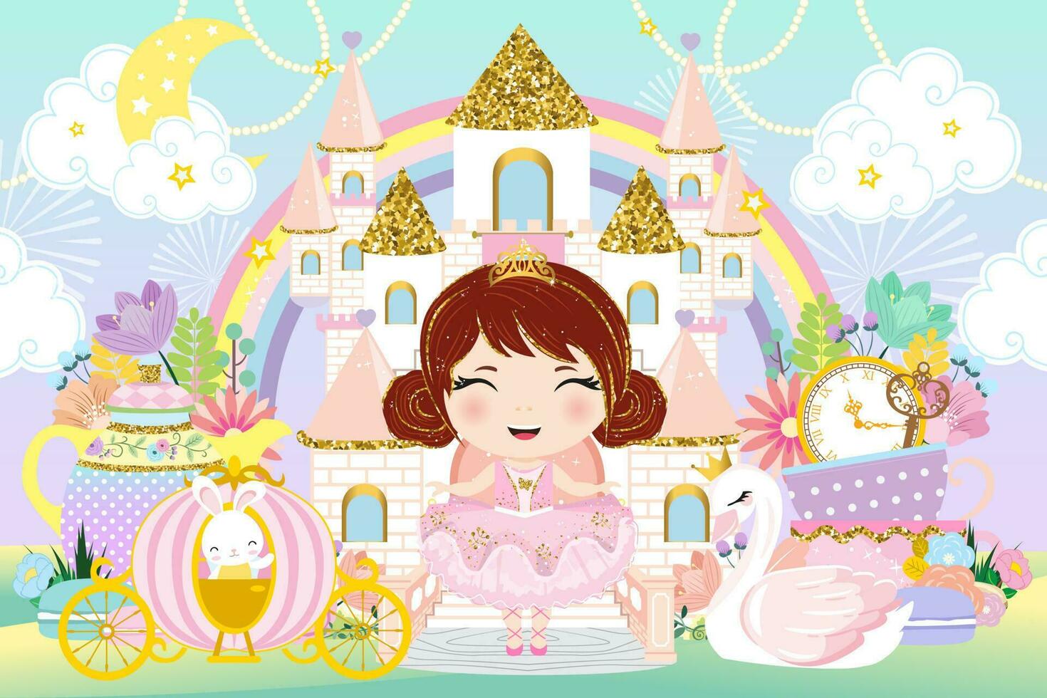 glitter castle and cute little princess vector