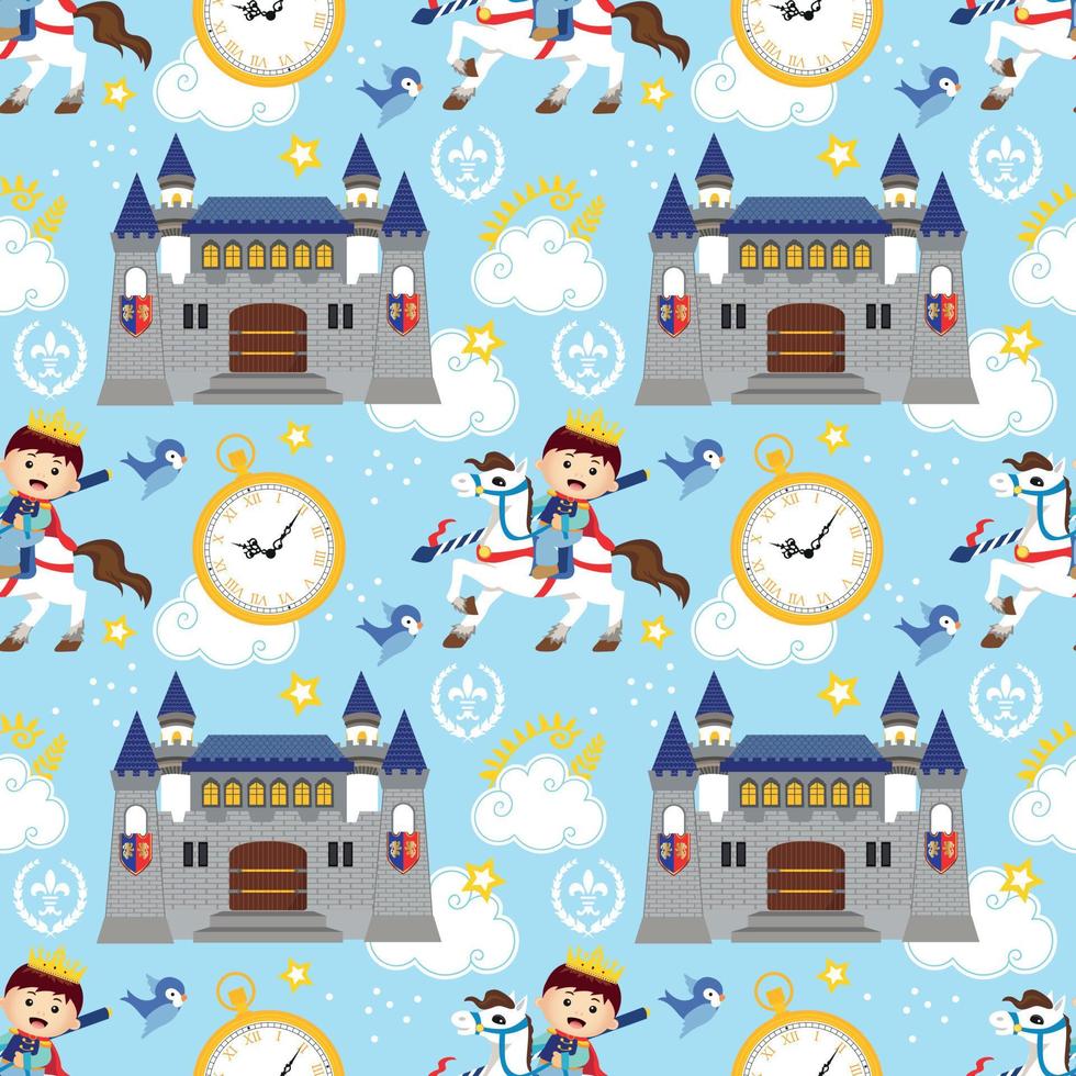 seamless pattern with cute prince and castle vector