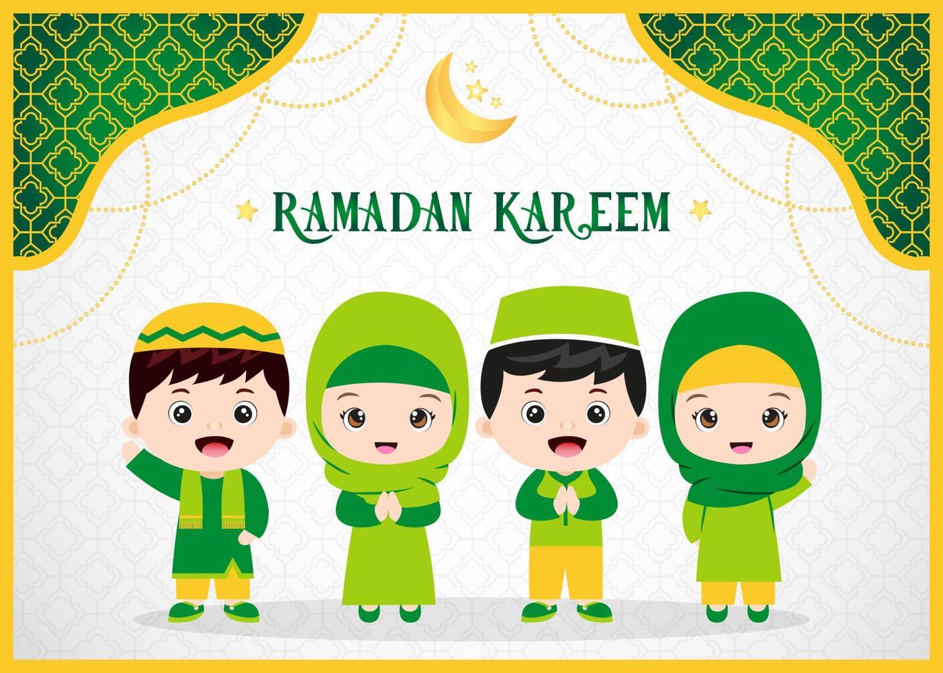 tarjeta de felicitación ramadan kareem con niños musulmanes vector
